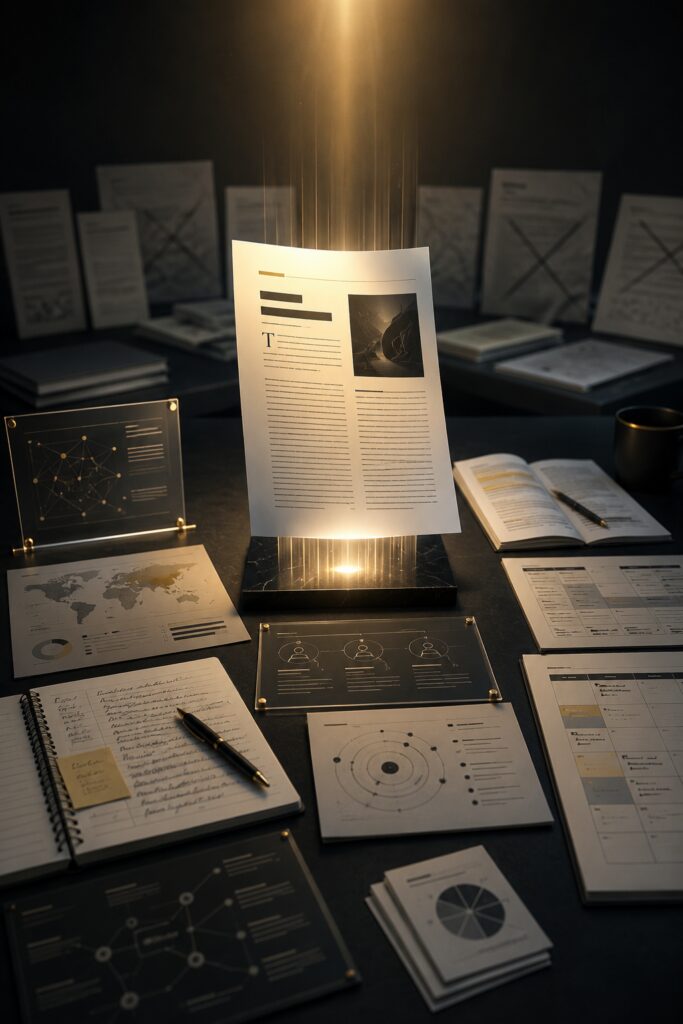 Thought leadership strategy visualized through editorial research, subject matter expert insights, audience analysis, and content planning that determine bylined article success before media pitching begins | 1903 PR