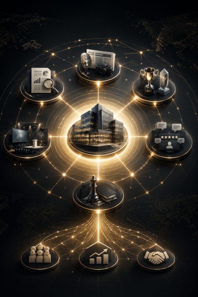 Third party validation strategy illustrated through earned media, analyst recognition, industry awards, executive thought leadership, and speaking engagements working together to build lasting business credibility and market trust | 1903 PR