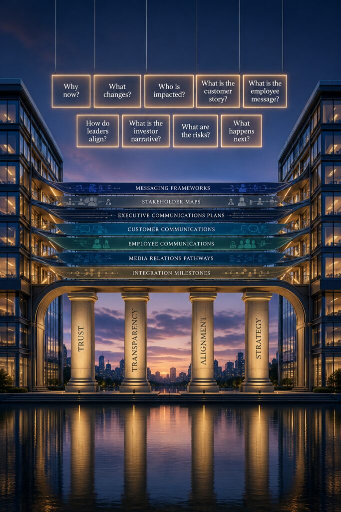 M&A communications strategy illustrating acquisition messaging, stakeholder communications, executive communications, media relations, corporate communications, and merger planning that align employees, customers, investors, and the market before an acquisition announcement | 1903 PR