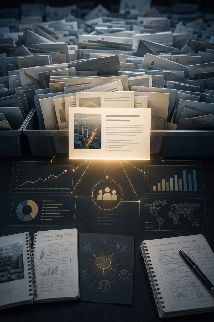 Editorial illustration showing a journalist selecting a newsworthy media pitch from hundreds of generic PR emails, symbolizing effective media relations, earned media strategy, journalist outreach, story development, and public relations best practices for stronger media coverage | 1903 PR