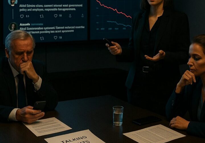 A 1903 PR exec briefs leaders in a tense boardroom as screens show backlash headlines and social media fallout.