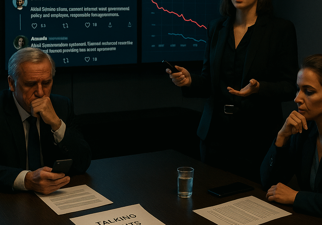 A 1903 PR exec briefs leaders in a tense boardroom as screens show backlash headlines and social media fallout.