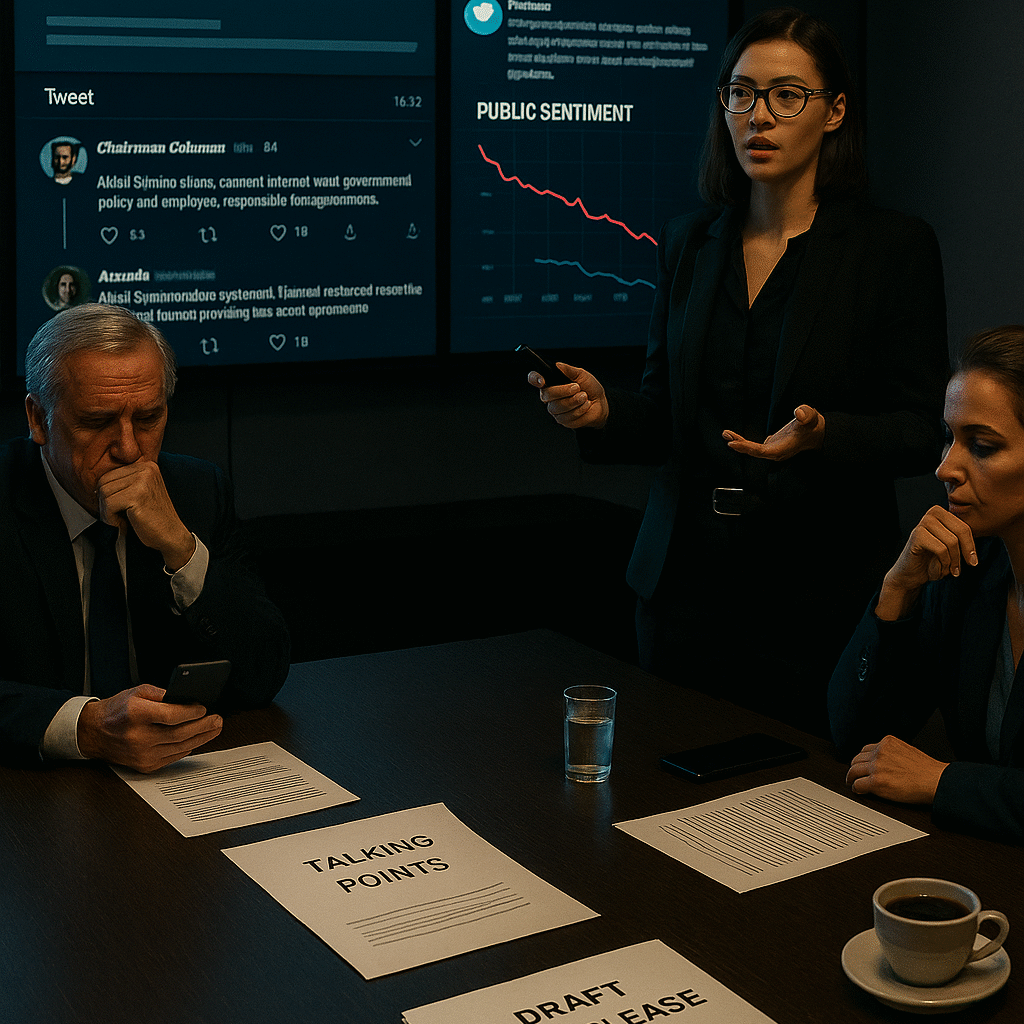 A 1903 PR exec briefs leaders in a tense boardroom as screens show backlash headlines and social media fallout.