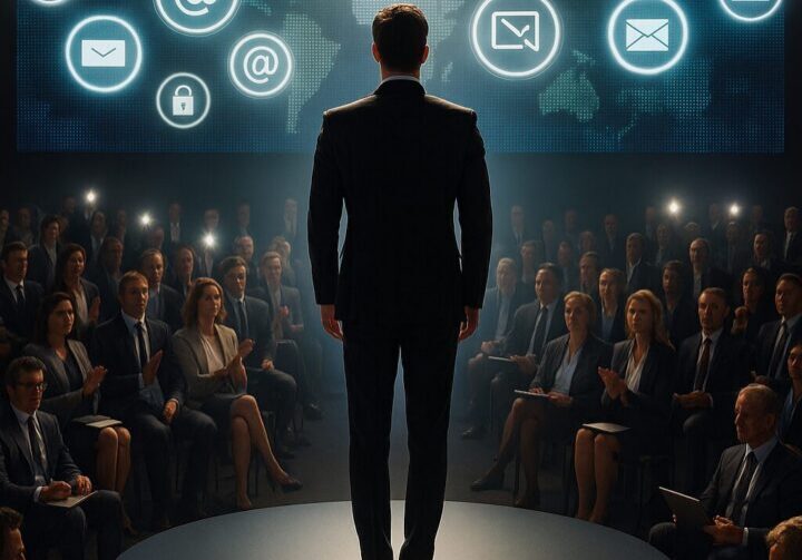 Business leader standing on stage under a spotlight, addressing a professional audience, with digital communication icons displayed on a large screen behind him—symbolizing media outreach, technology, and public relations strategy