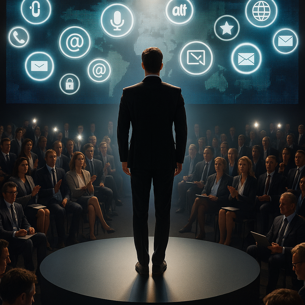 Business leader standing on stage under a spotlight, addressing a professional audience, with digital communication icons displayed on a large screen behind him—symbolizing media outreach, technology, and public relations strategy Business leader standing on stage under a spotlight, addressing a professional audience, with digital communication icons displayed on a large screen behind him—symbolizing media outreach, technology, and public relations strategy