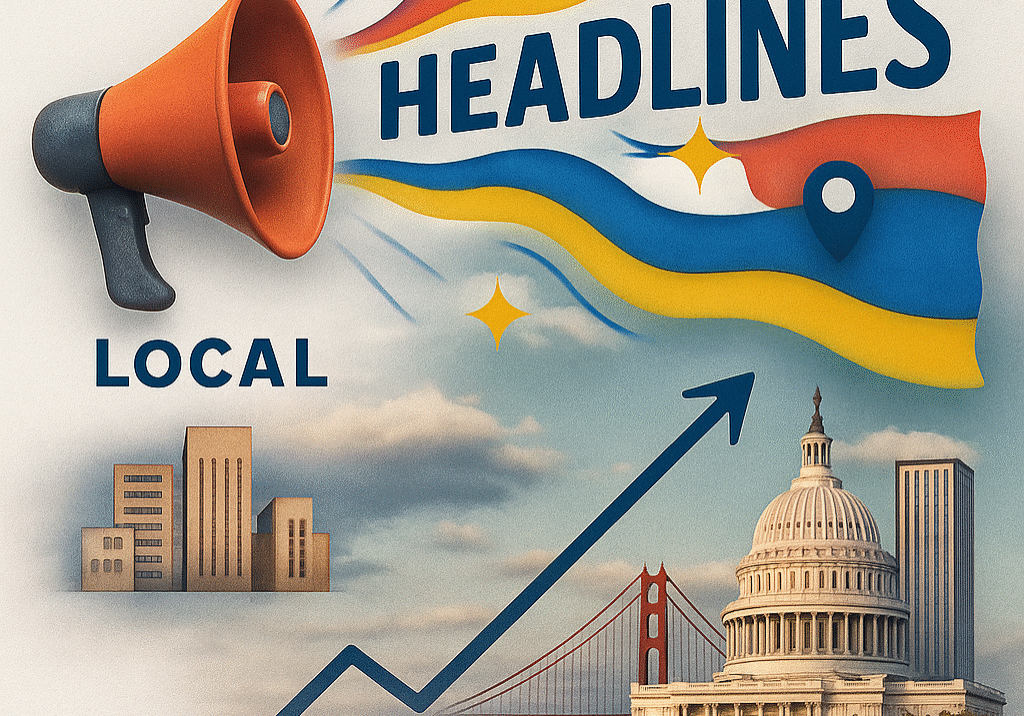 Illustration of a megaphone sending waves from a small city labeled “Local” to a larger skyline labeled “National,” symbolizing the growth of media coverage. Bright, modern design with dynamic arrows and headline icons representing PR strategy