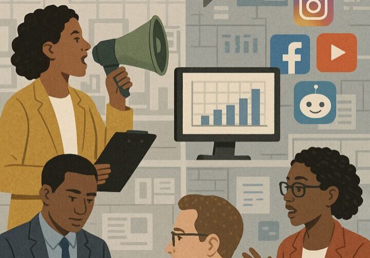 a modern PR team using advanced digital tools and holographic data to track 2025 public relations trends in a high-tech office setting