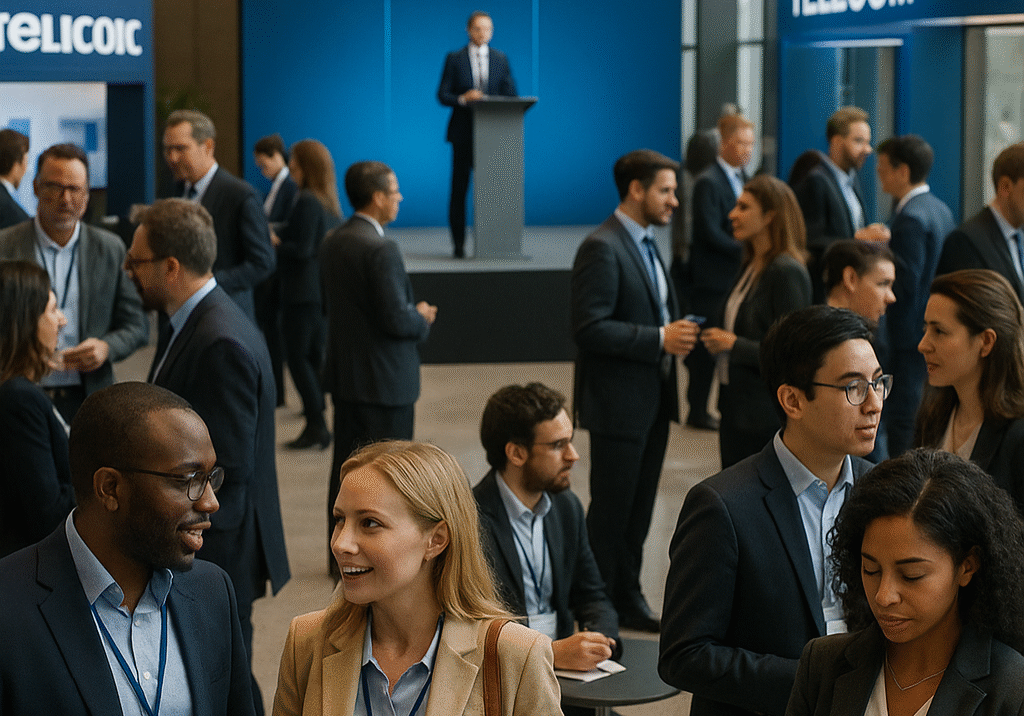 Attendees networking and engaging at a 2025 telecom conference with digital displays showcasing 5G, AI, and global connectivity themes.