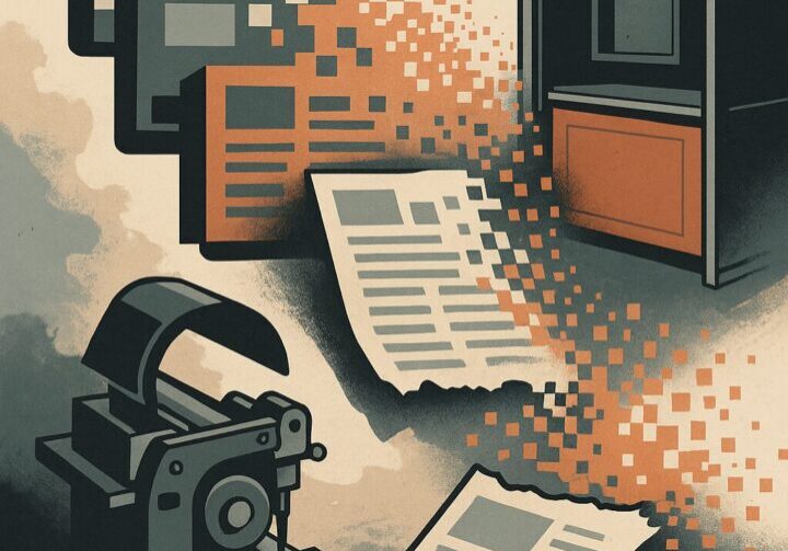 Illustration of traditional media logos dissolving into digital pixels, symbolizing recent publication closures and the shift in the media industry.