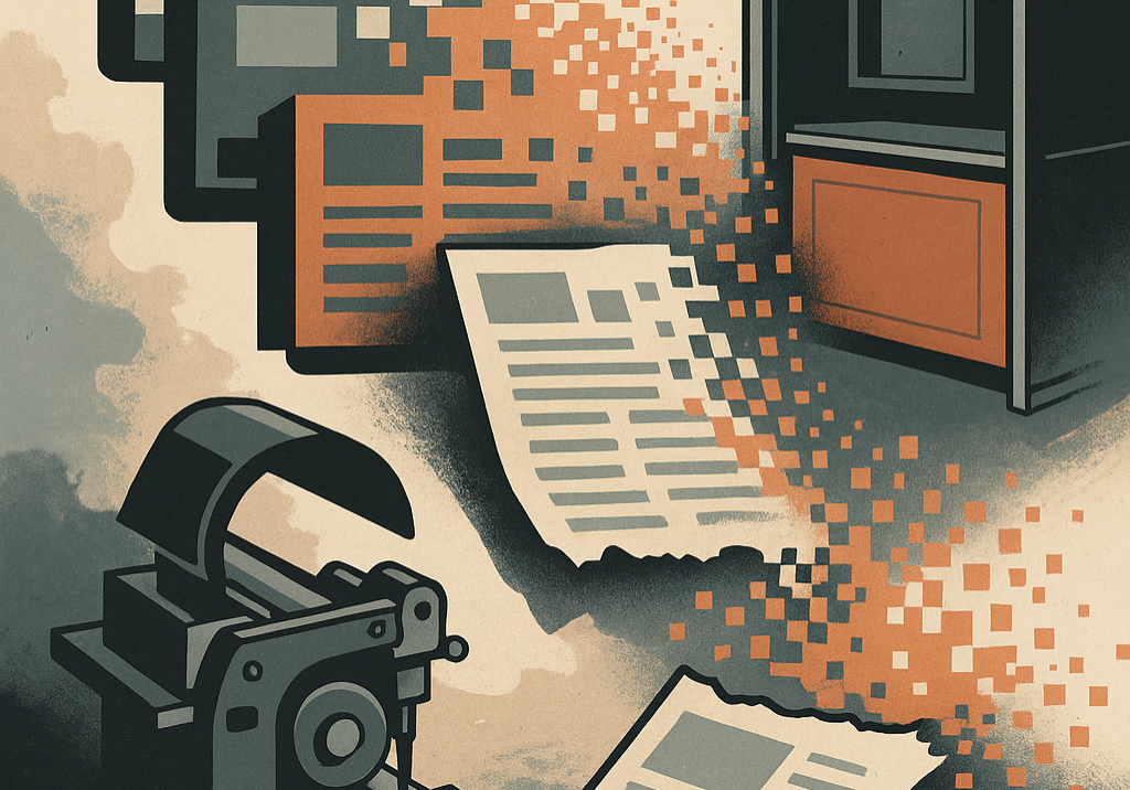 Illustration of traditional media logos dissolving into digital pixels, symbolizing recent publication closures and the shift in the media industry.