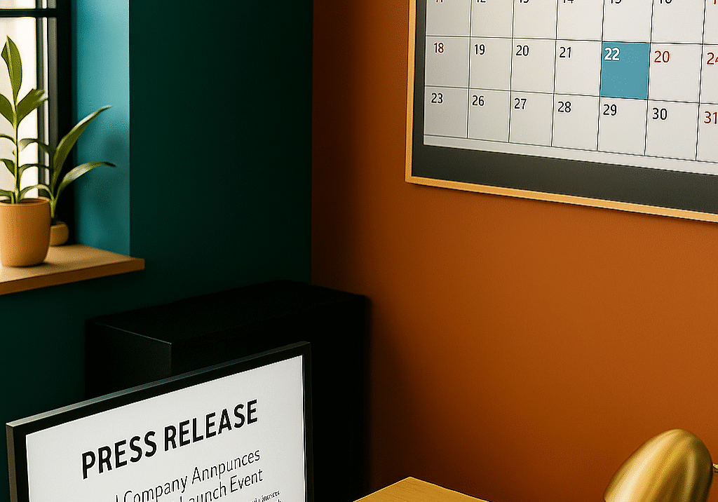 Diverse team in a modern office collaborating around a press release draft and a marked calendar, symbolizing strategic planning and press release timing