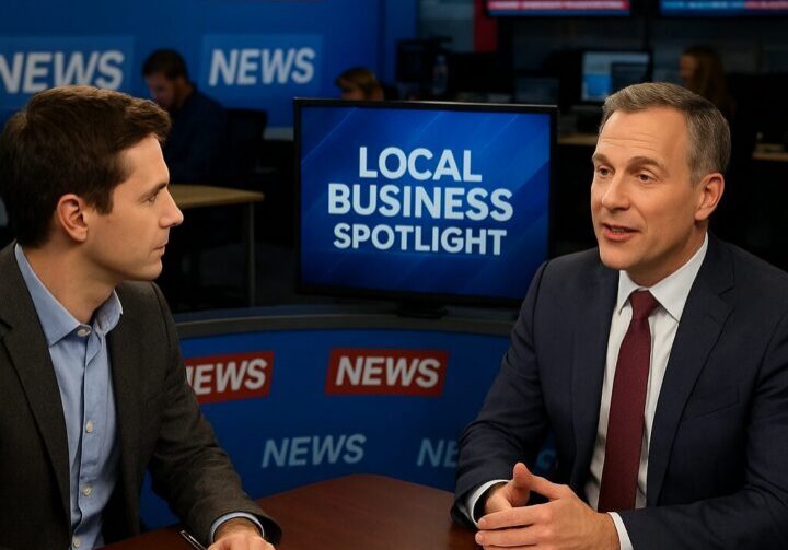 Business executive being interviewed in a professional local newsroom, highlighting the strategic value of local media coverage