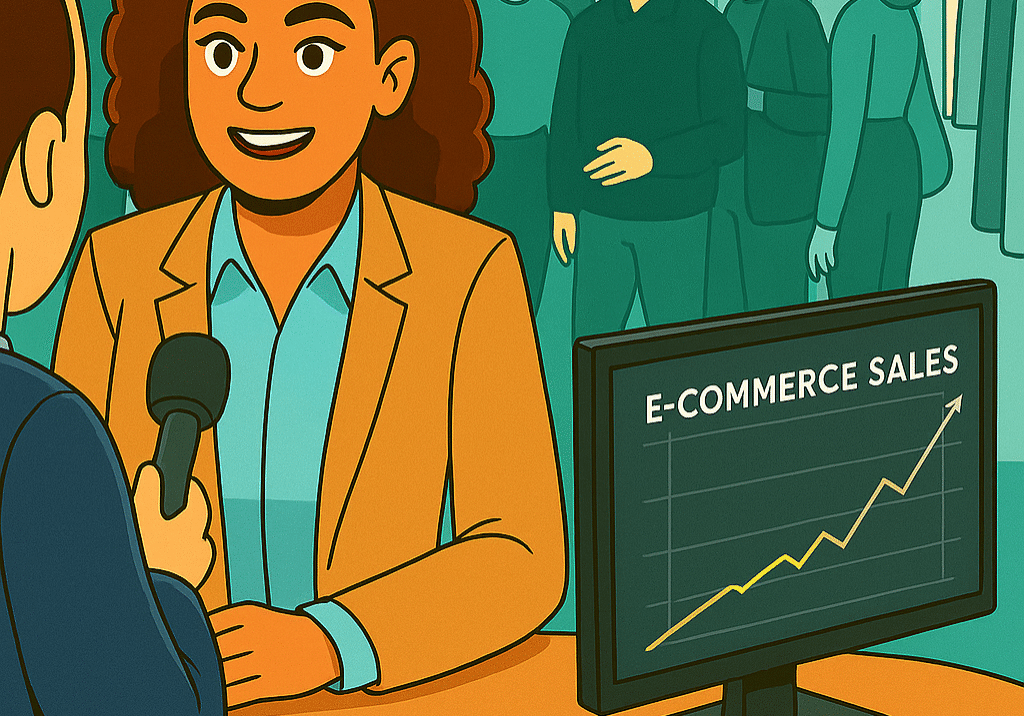 Business professional being interviewed on national TV with connected scene of retail shoppers and rising e-commerce sales, symbolizing PR-driven growth.