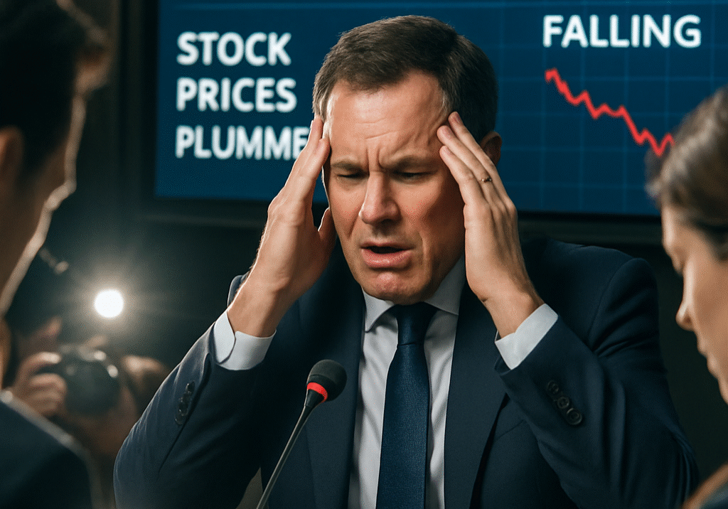 CEO speaking at press conference under media scrutiny, with signs of public backlash and falling brand reputation in the background.