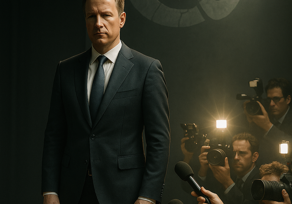 CEO under spotlight with one side in shadow and reporters with cameras on the other, fractured corporate logo behind symbolizing brand damage from private choices.