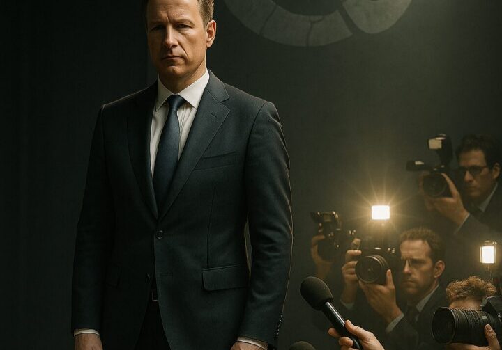 CEO under spotlight with one side in shadow and reporters with cameras on the other, fractured corporate logo behind symbolizing brand damage from private choices.