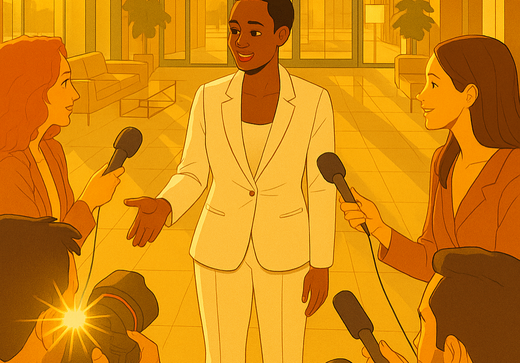 Confident businessperson in a navy suit being interviewed by journalists in a modern office lobby with glass walls and natural sunlight, demonstrating successful media engagement and effective communication.