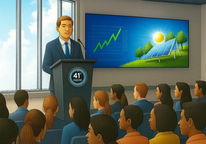Climate tech executive leading a crisis communications press briefing in a sustainable office, with animated climate data screens, journalists, and solar panels in view | 1903 PR