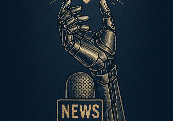 Illustration of a robotic hand holding a glowing heart while a microphone points toward it, symbolizing AI blended with human values and media transparency