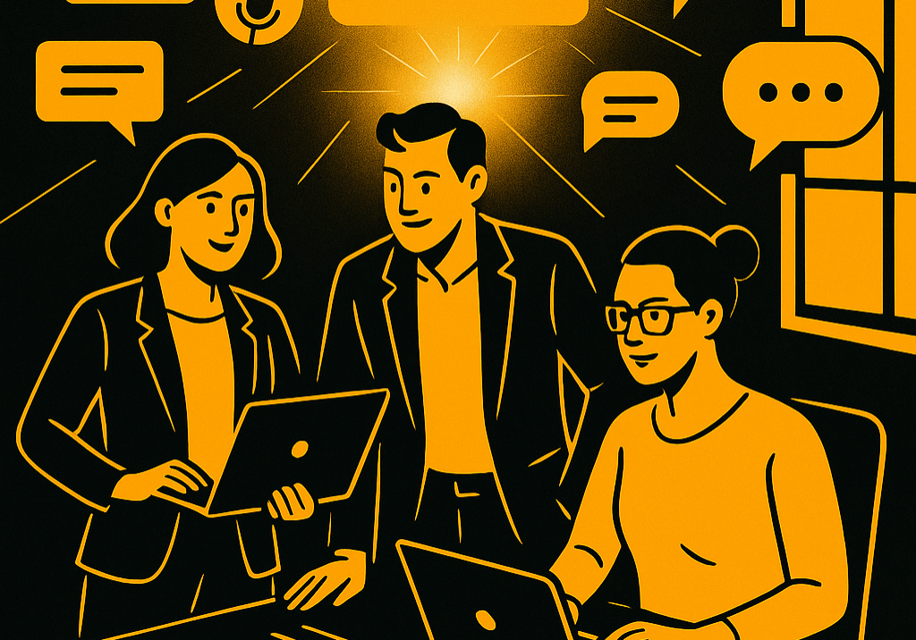 A bold, flat-style digital illustration showing three PR professionals collaborating at a modern desk, surrounded by glowing speech bubbles, microphones, and news icons that symbolize communication and media relations. The central “PR” symbol radiates light, representing clarity, message discipline, and brand alignment. The color palette features black and California poppy gold, reflecting 1903 PR’s modern, strategic brand aesthetic.