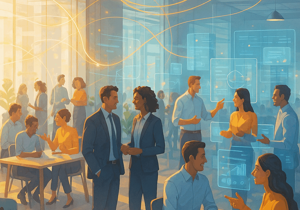 Modern collaborative office with professionals communicating across teams, highlighted by golden data flow lines symbolizing connected internal communications and digital collaboration. Represents how strong internal communication drives alignment, innovation, and brand growth — concept art in 1903 PR’s signature gold and blue tones.