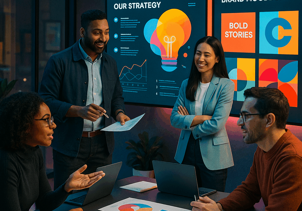 Professionals collaborating in a bright, modern B2B workspace surrounded by data visuals and creative brand storytelling boards — symbolizing personality-driven business communications.