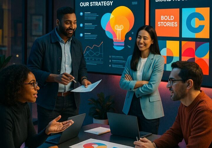 Professionals collaborating in a bright, modern B2B workspace surrounded by data visuals and creative brand storytelling boards — symbolizing personality-driven business communications.