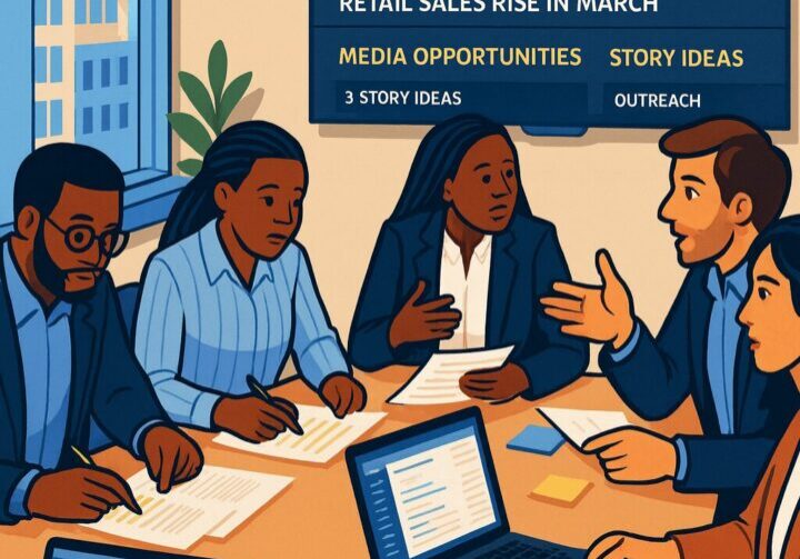 A B2B communications and media relations team meets around a conference table reviewing newsroom headlines, market trends, and story opportunities. Laptops display news dashboards as team members discuss pitches, analyze industry coverage, and plan strategic media outreach.