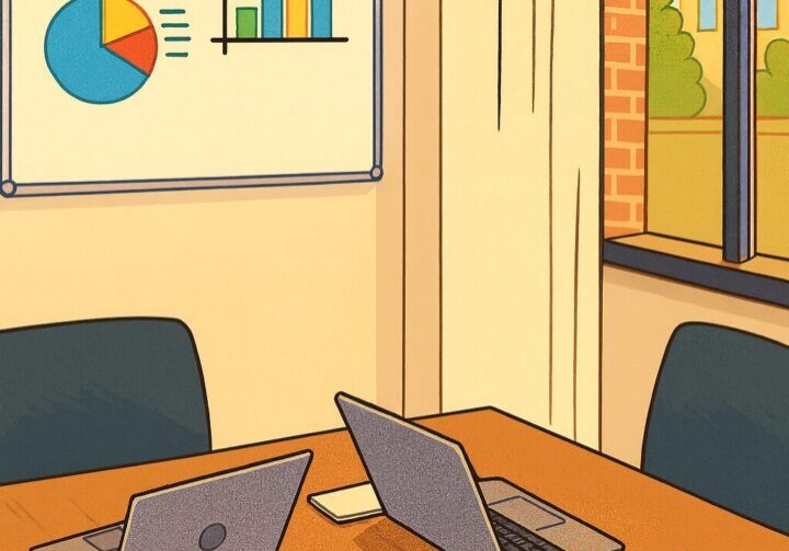 Illustration of a PR planning meeting room with laptops on a conference table, a folder labeled “PR Success,” and a whiteboard showing steps like setting goals, choosing an agency, and building momentum, representing how to start using a new PR budget | 1903 PR