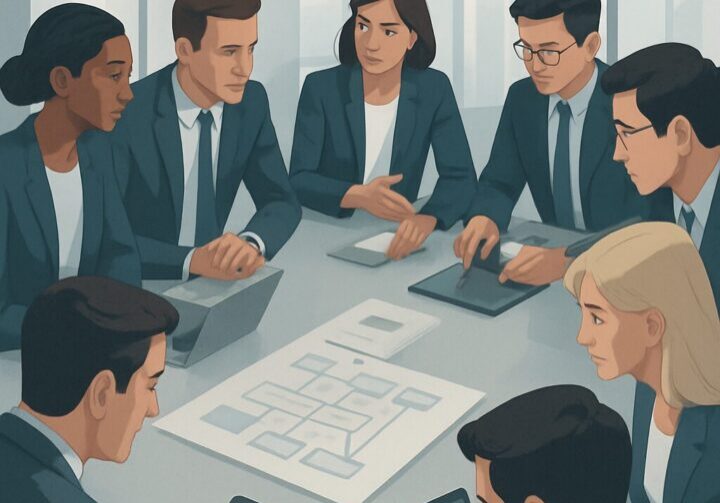 Business leaders collaborating on thought leadership strategy in a modern conference room, symbolizing brand authority and clear executive messaging.