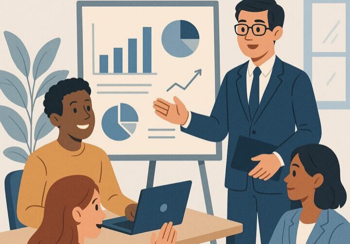 Professional B2B illustration of a PR team meeting with an industry analyst, reviewing reports and messaging frameworks during a strategy session.