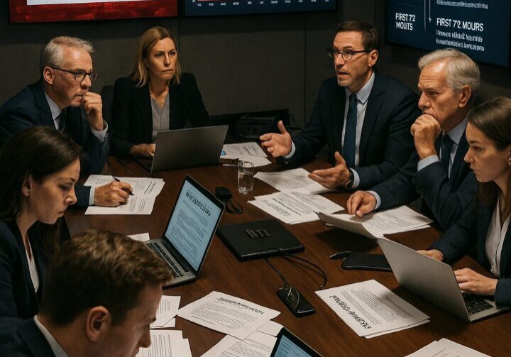 Crisis communications team reviewing real-time media alerts and social analytics to control the narrative and respond quickly to an escalating brand crisis | 1903 PR