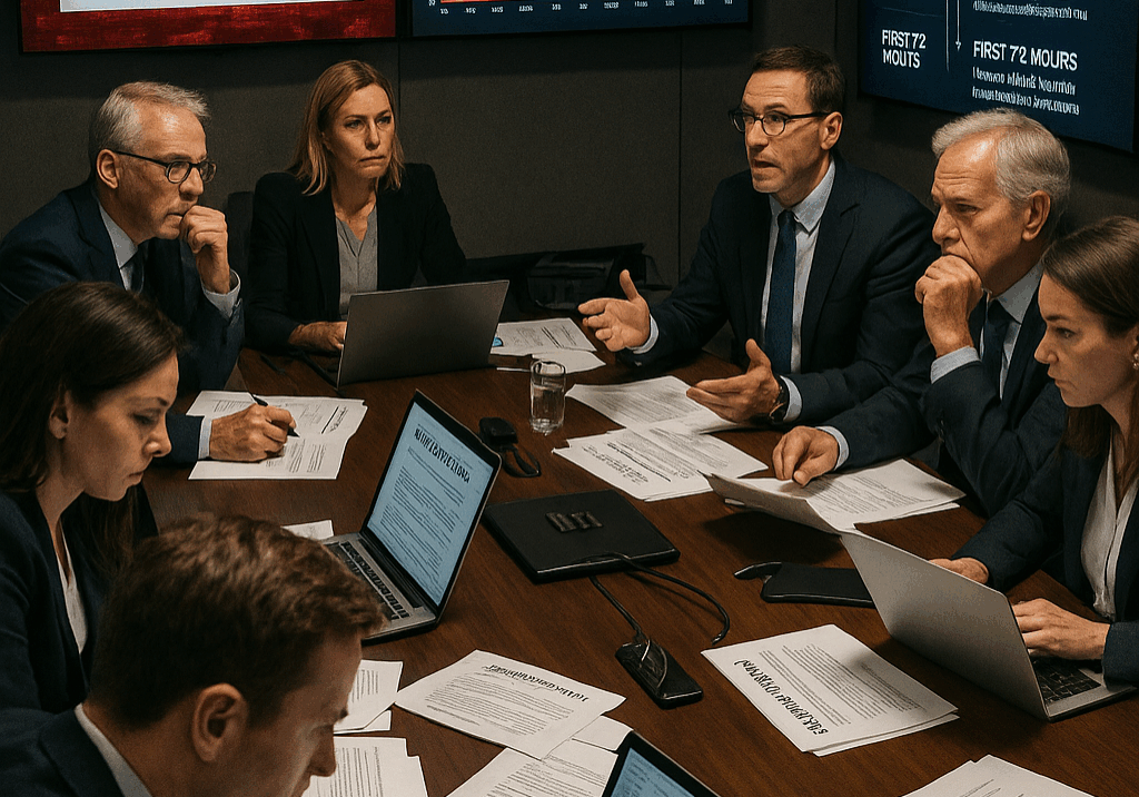 Crisis communications team reviewing real-time media alerts and social analytics to control the narrative and respond quickly to an escalating brand crisis | 1903 PR