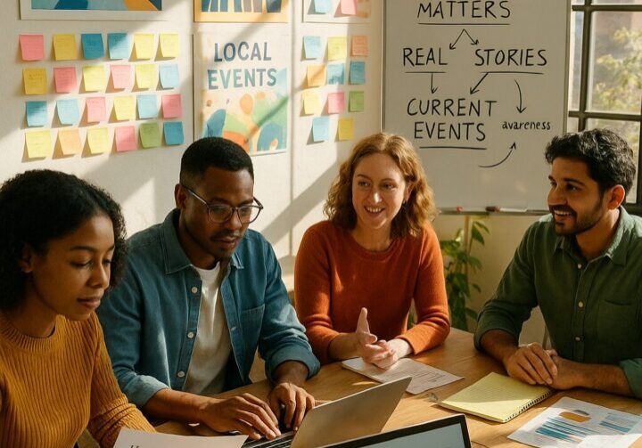 Nonprofit communications team collaborating in a bright office, reviewing impact statistics, human-interest stories, and messaging frameworks on why their work matters to attract media attention | 1903 PR