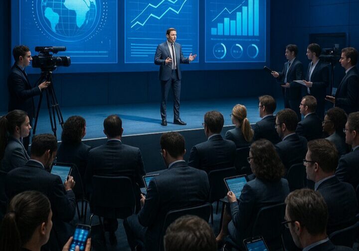 Executive keynote speaker presenting onstage at a major industry conference while journalists, analysts, and attendees watch—representing the power of PR-led speaking programs for brand visibility and authority | 1903 PR