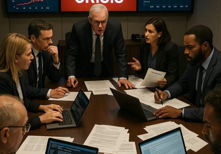 Executive crisis team in a war room reviewing outage reports with digital screens showing Cloudflare’s media crisis alert, social media surge graph, and crisis response timeline during the November 2025 internet disruption | 1903 PR