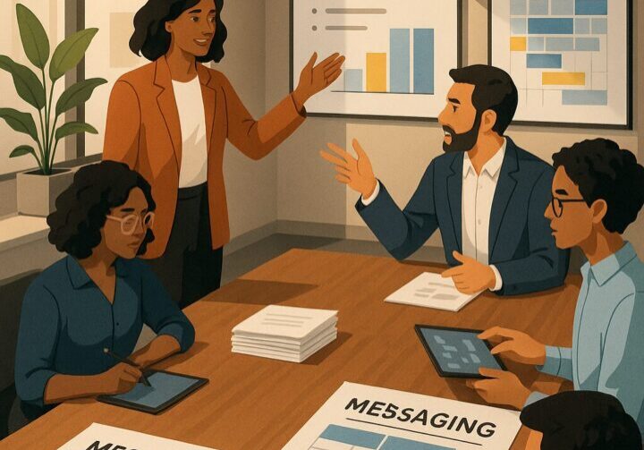 Illustration of a diverse brand team collaborating with a PR agency around a strategy table, reviewing storyboards and messaging frameworks in a modern, professional workspace.