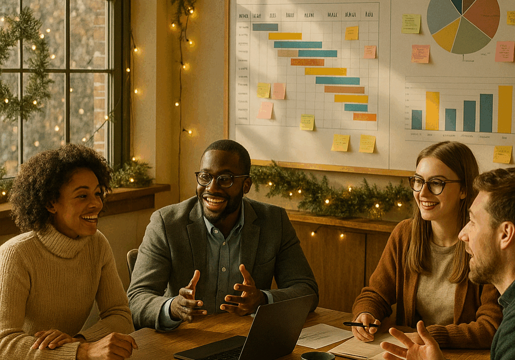 Illustration of a brand team and a PR agency collaborating in December on a strategic PR plan for 2026, with planning boards, timelines, and a warm, modern office setting.