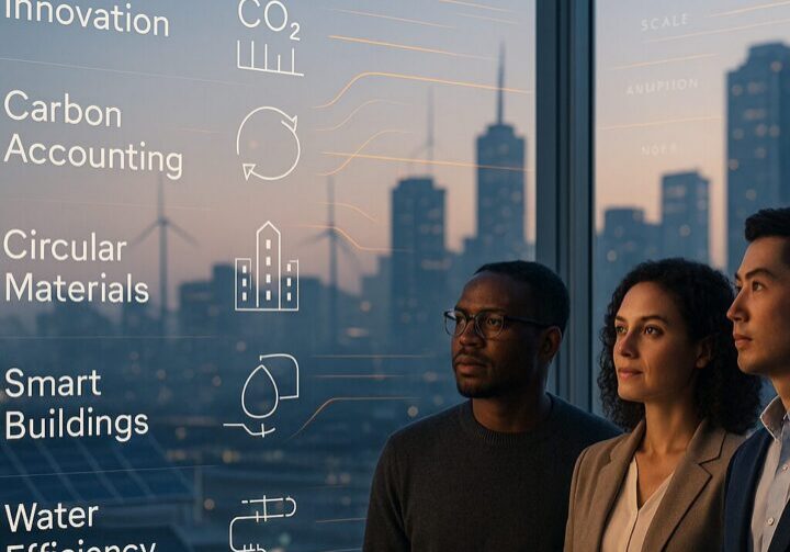 Illustration of a sustainability startup team working with a PR agency to develop early narrative strategy, surrounded by climate-tech diagrams, carbon maps, and circular economy visuals.