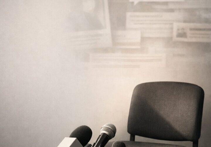 Editorial image showing an empty interview chair and microphones symbolizing media scrutiny, reputation management, and the importance of timely PR response for celebrity and consumer brands | 1903 PR