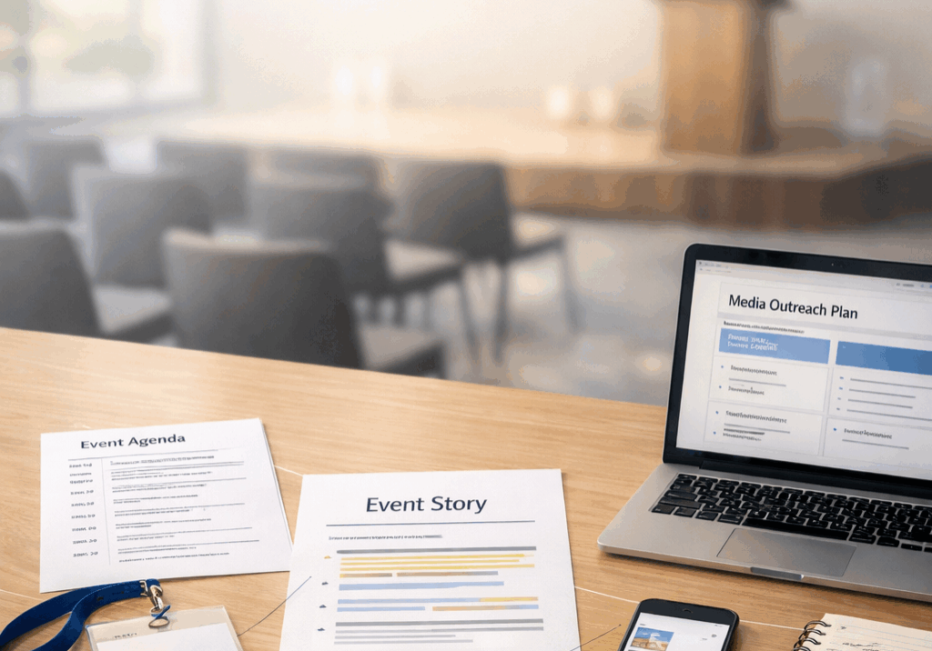 Conference table with event materials and media outreach tools representing how PR strategy and storytelling drive event visibility and media coverage | 1903 PR