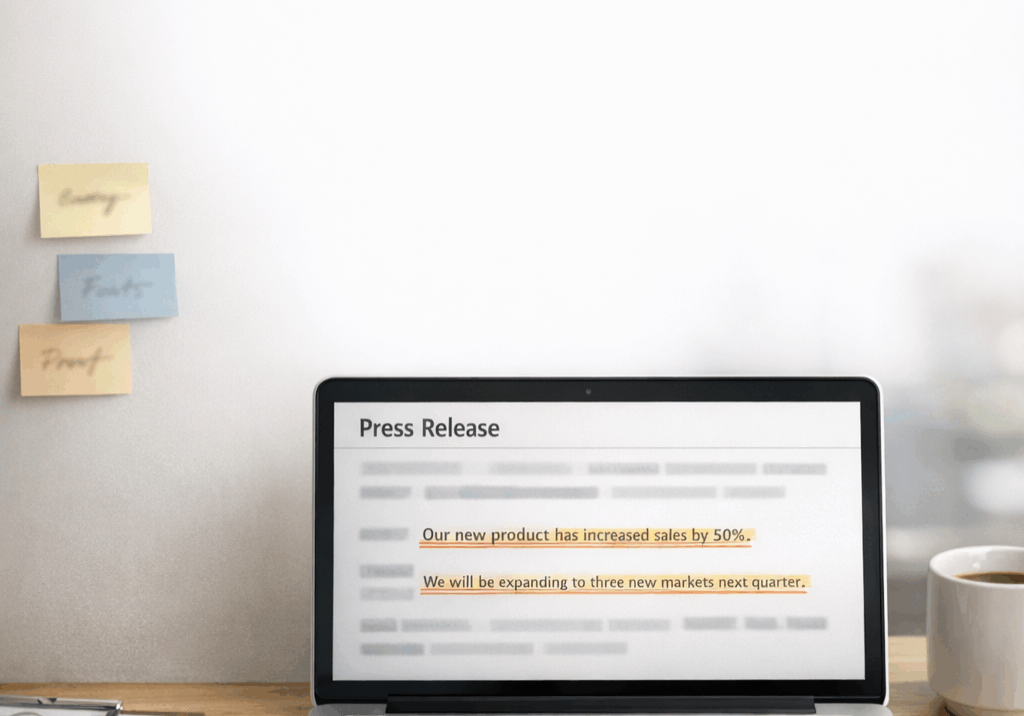 Press release draft marked up to remove corporate jargon and buzzwords, showing how clear language improves journalist engagement | 1903 PR