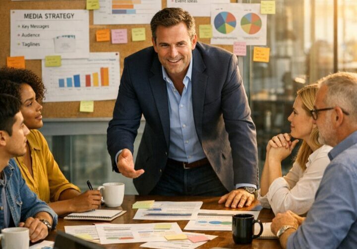 “Illustration of a company founder collaborating with a PR team to develop strategic messaging and increase executive visibility.”