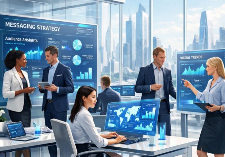 Illustration of the evolving 2026 PR landscape featuring journalists, AI tools, messaging frameworks, and communications strategists collaborating in a modern workspace.