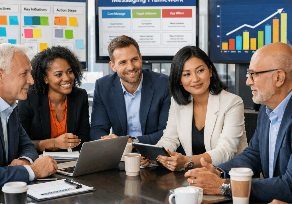 “Illustration of a leadership team reviewing strategic indicators that a brand is ready for PR, surrounded by planning boards and messaging frameworks.”