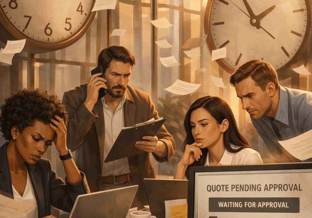 “Illustration of a PR team facing stalled approvals while media deadlines rapidly approach, symbolizing workflow bottlenecks.”