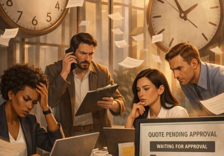 “Illustration of a PR team facing stalled approvals while media deadlines rapidly approach, symbolizing workflow bottlenecks.”