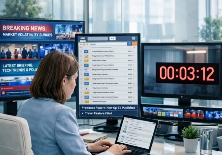Communications professional reviewing media coverage and pitching reporters in a fast-paced digital newsroom environment where journalist relationships have evolved | 1903 PR