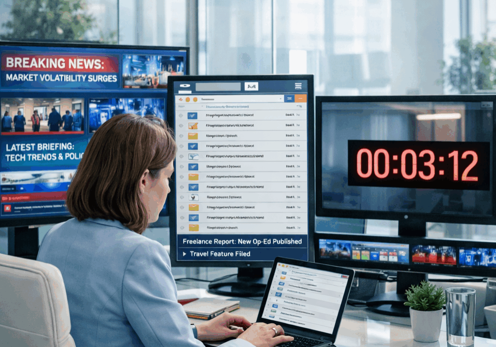 Communications professional reviewing media coverage and pitching reporters in a fast-paced digital newsroom environment where journalist relationships have evolved | 1903 PR