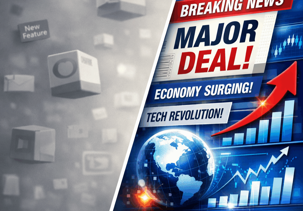 Conceptual illustration showing the difference between internal company announcements and truly newsworthy stories that journalists cover, highlighting impact, relevance, and media attention | 1903 PR